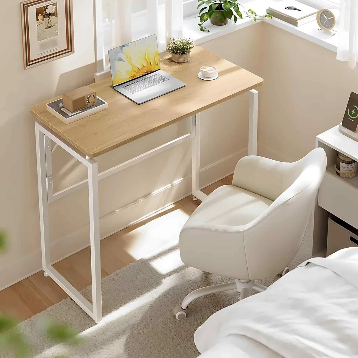 Folding Computer Desk Rounded Corners, Oak - Natural Oak – image 1