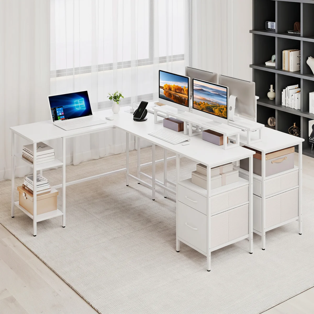 L shaped Reversible Corner Desk with Monitor Stand-White - White – image 3