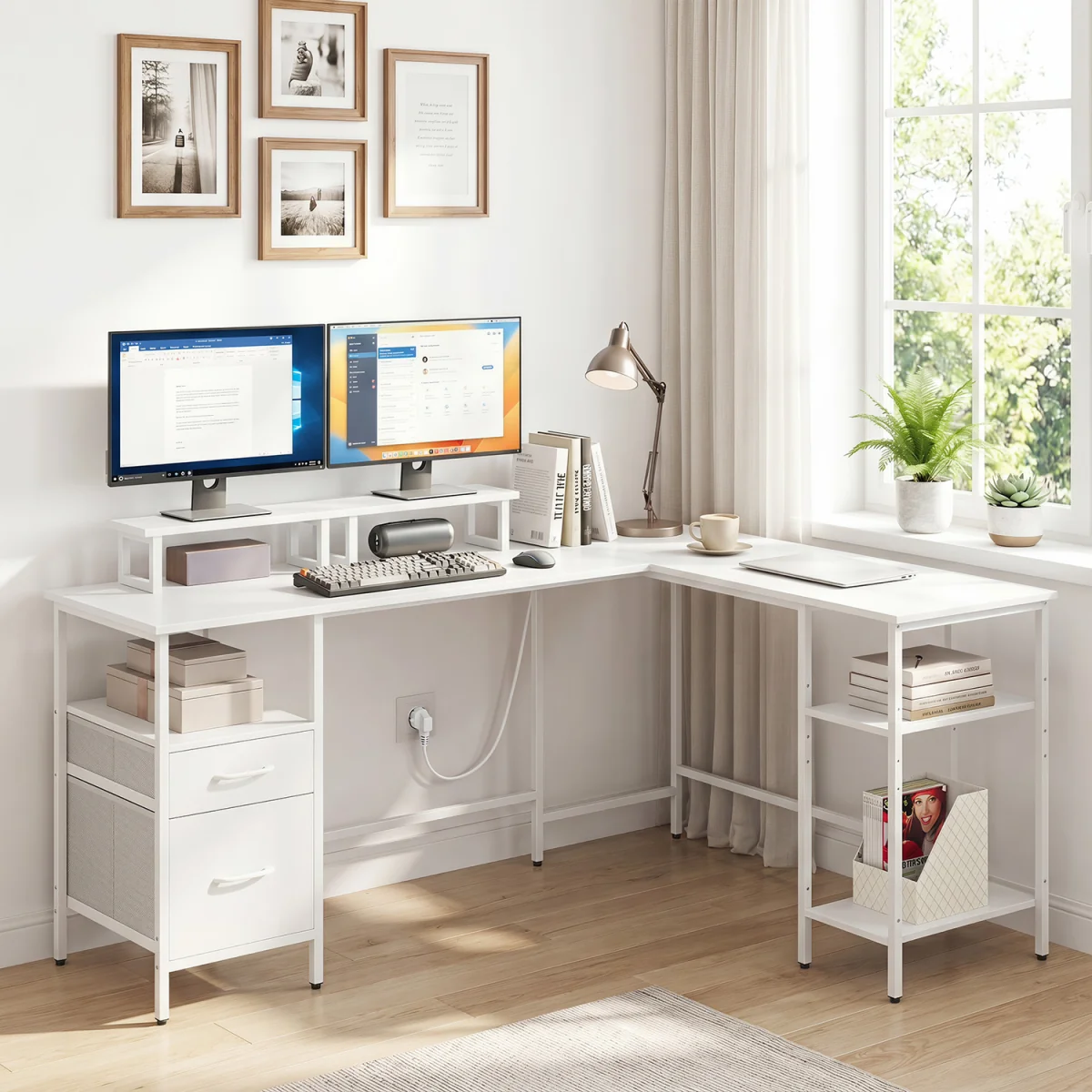 L shaped Reversible Corner Desk with Monitor Stand-White - White – image 4