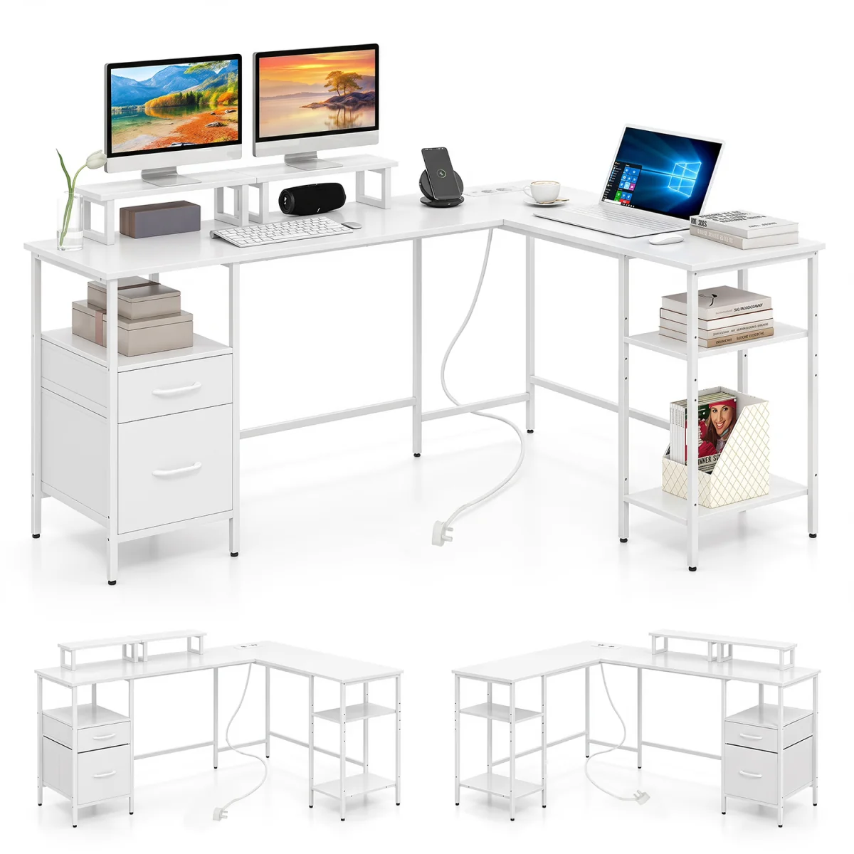 L shaped Reversible Corner Desk with Monitor Stand-White - White – image 5