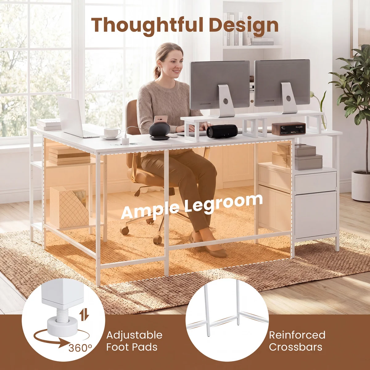 L shaped Reversible Corner Desk with Monitor Stand-White - White – image 6