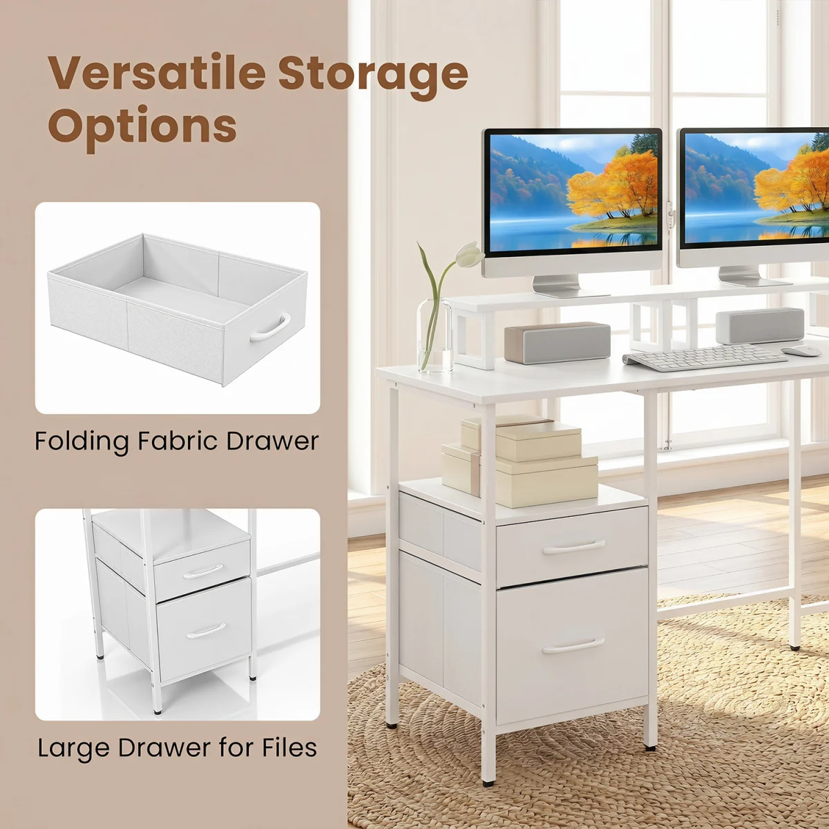 L shaped Reversible Corner Desk with Monitor Stand-White - White – image 7