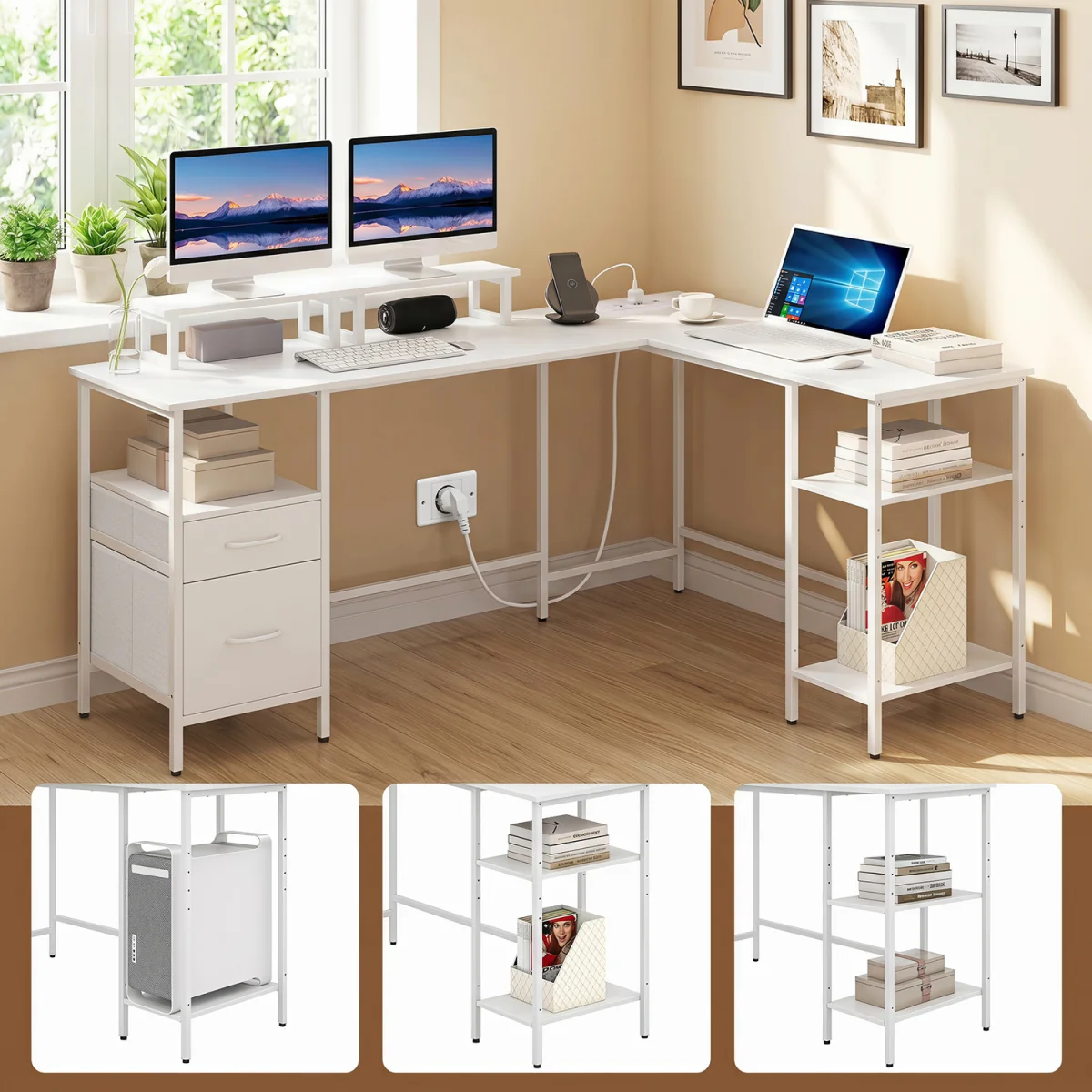 L shaped Reversible Corner Desk with Monitor Stand-White - White – image 8