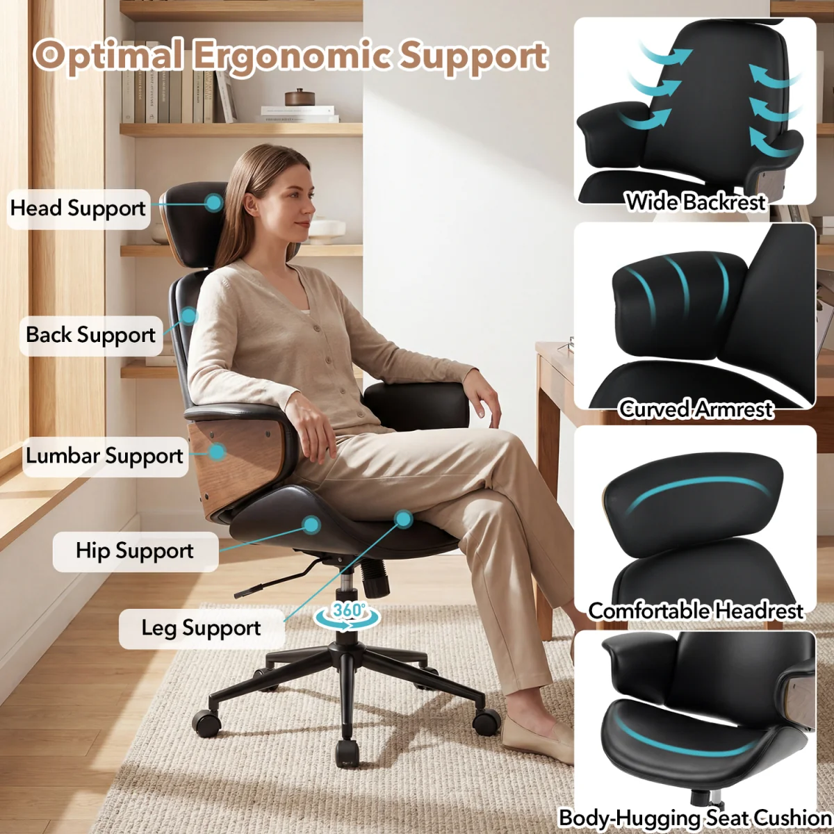 Mid Century Ergonomic Home Desk Chair with Adjustable Height - Black – image 2