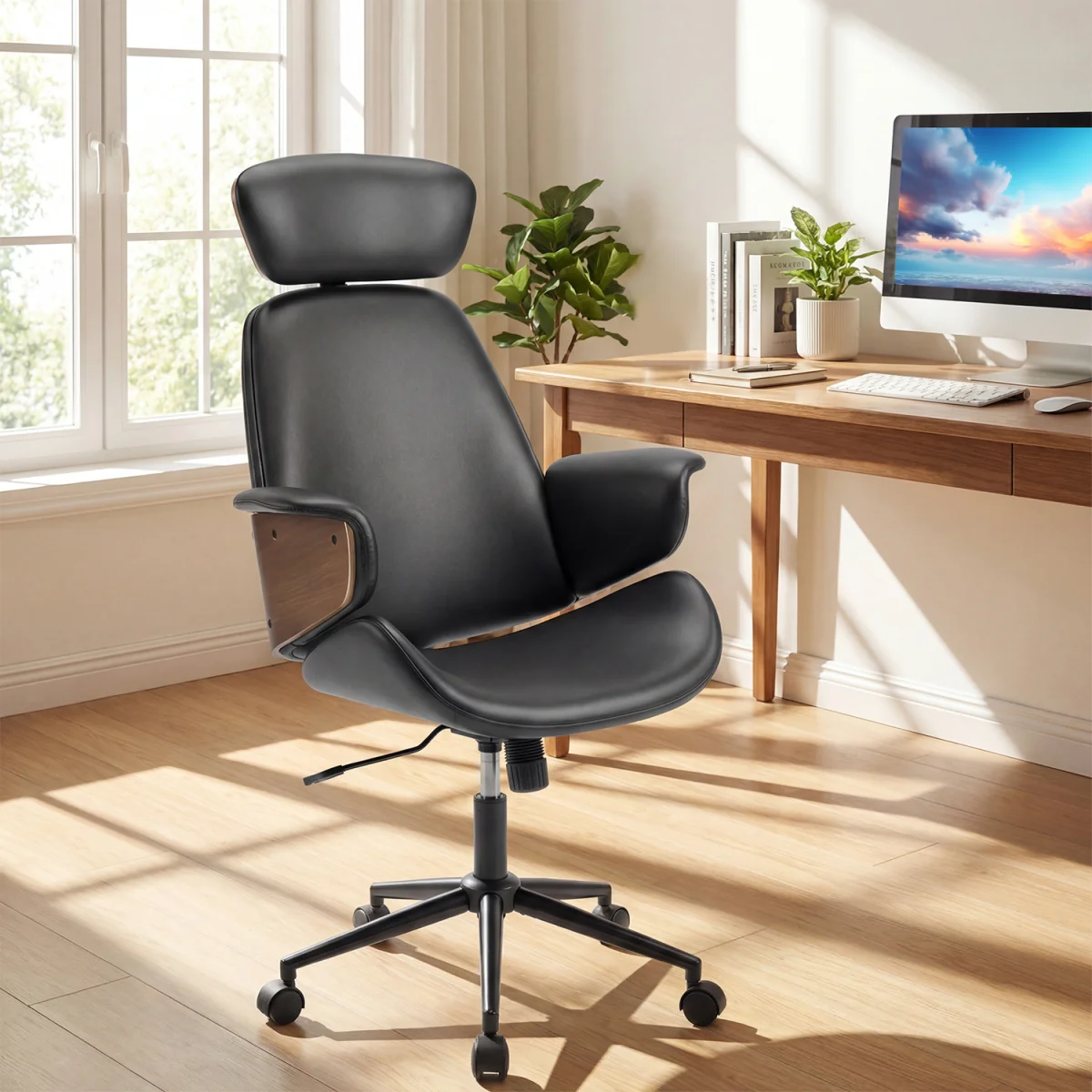 Mid Century Ergonomic Home Desk Chair with Adjustable Height - Black – image 5