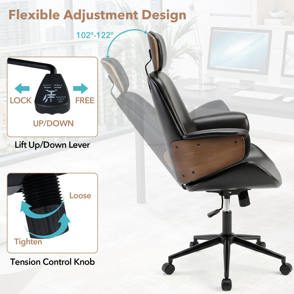 Mid Century Ergonomic Home Desk Chair with Adjustable Height - Black – image 7