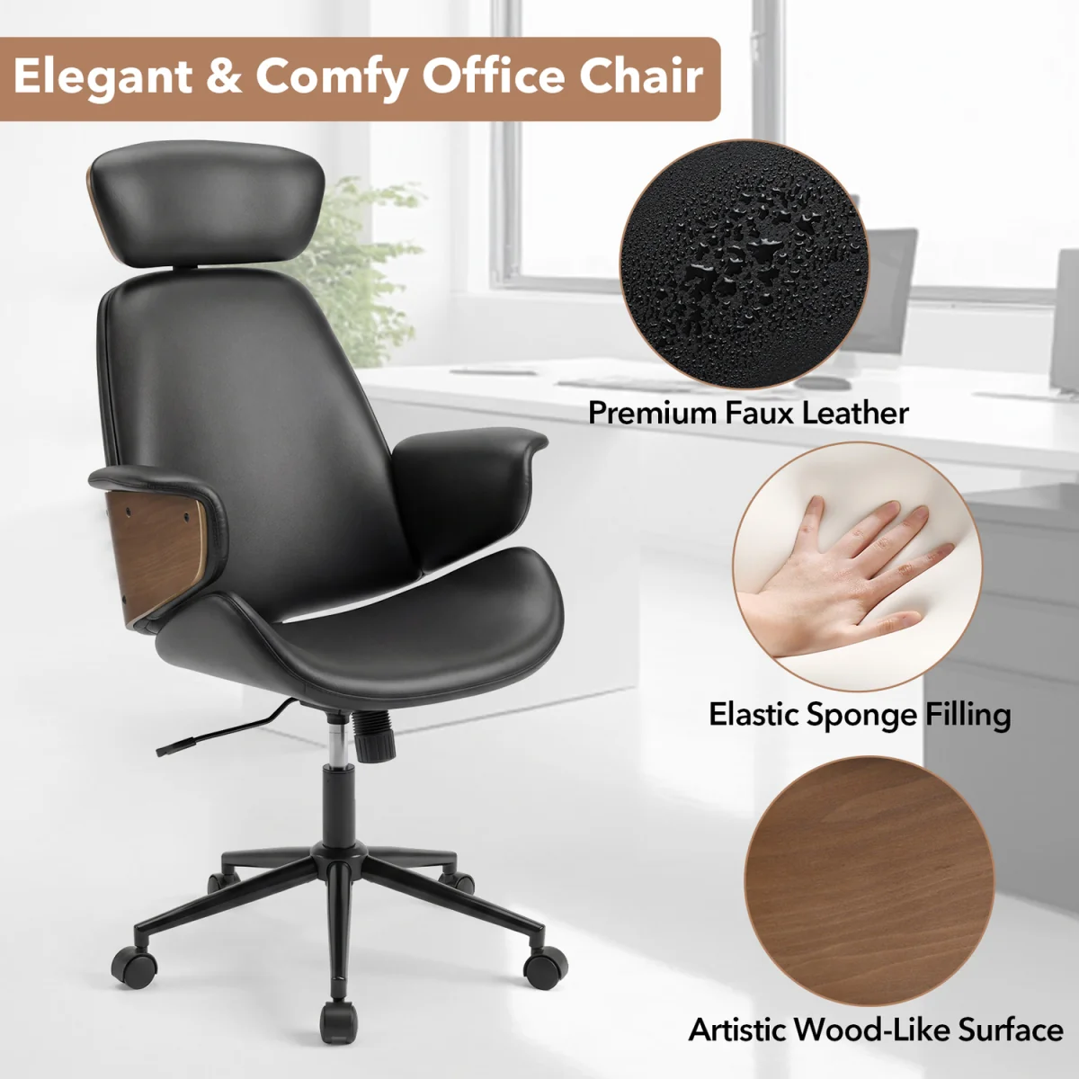 Mid Century Ergonomic Home Desk Chair with Adjustable Height - Black – image 8