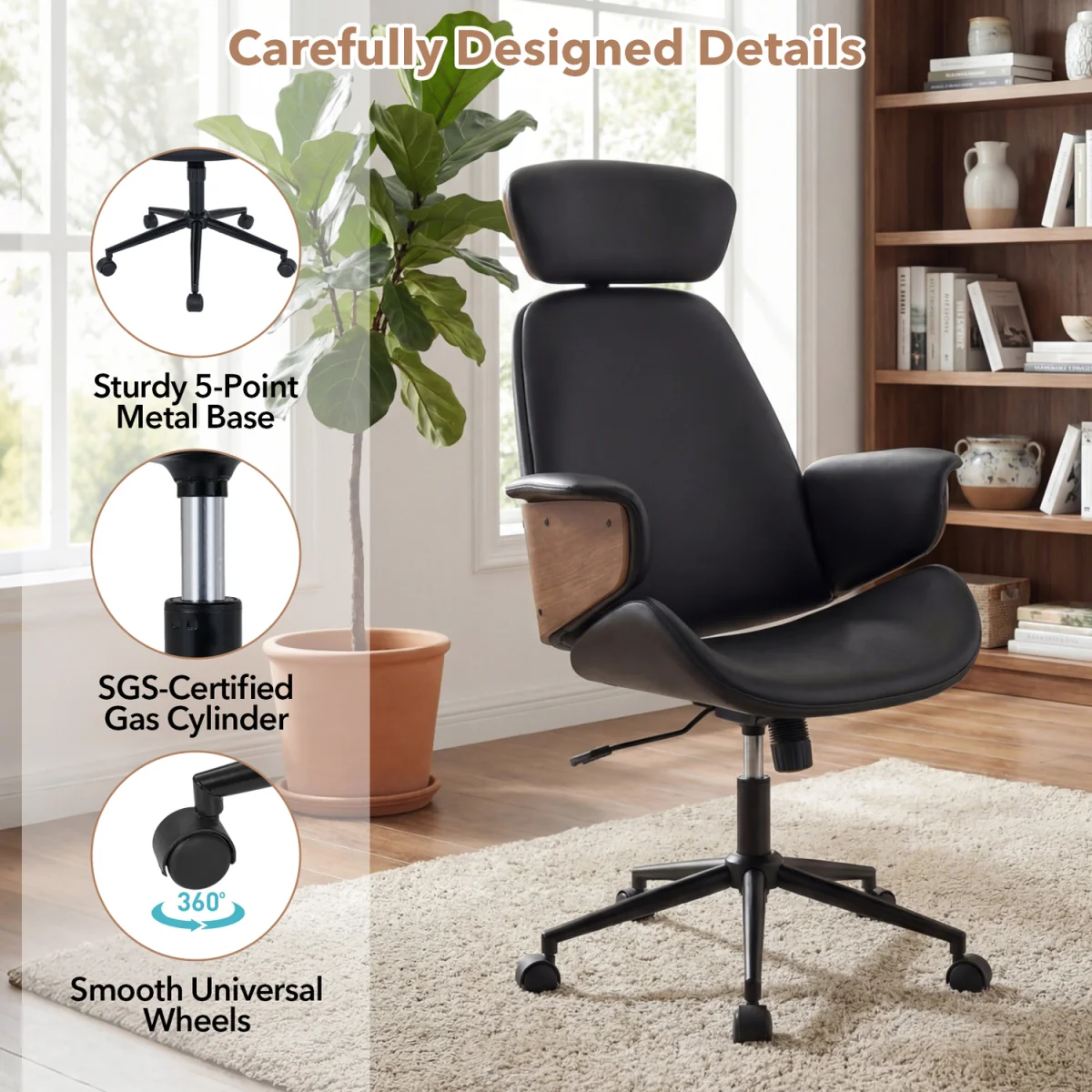 Mid Century Ergonomic Home Desk Chair with Adjustable Height - Black – image 10