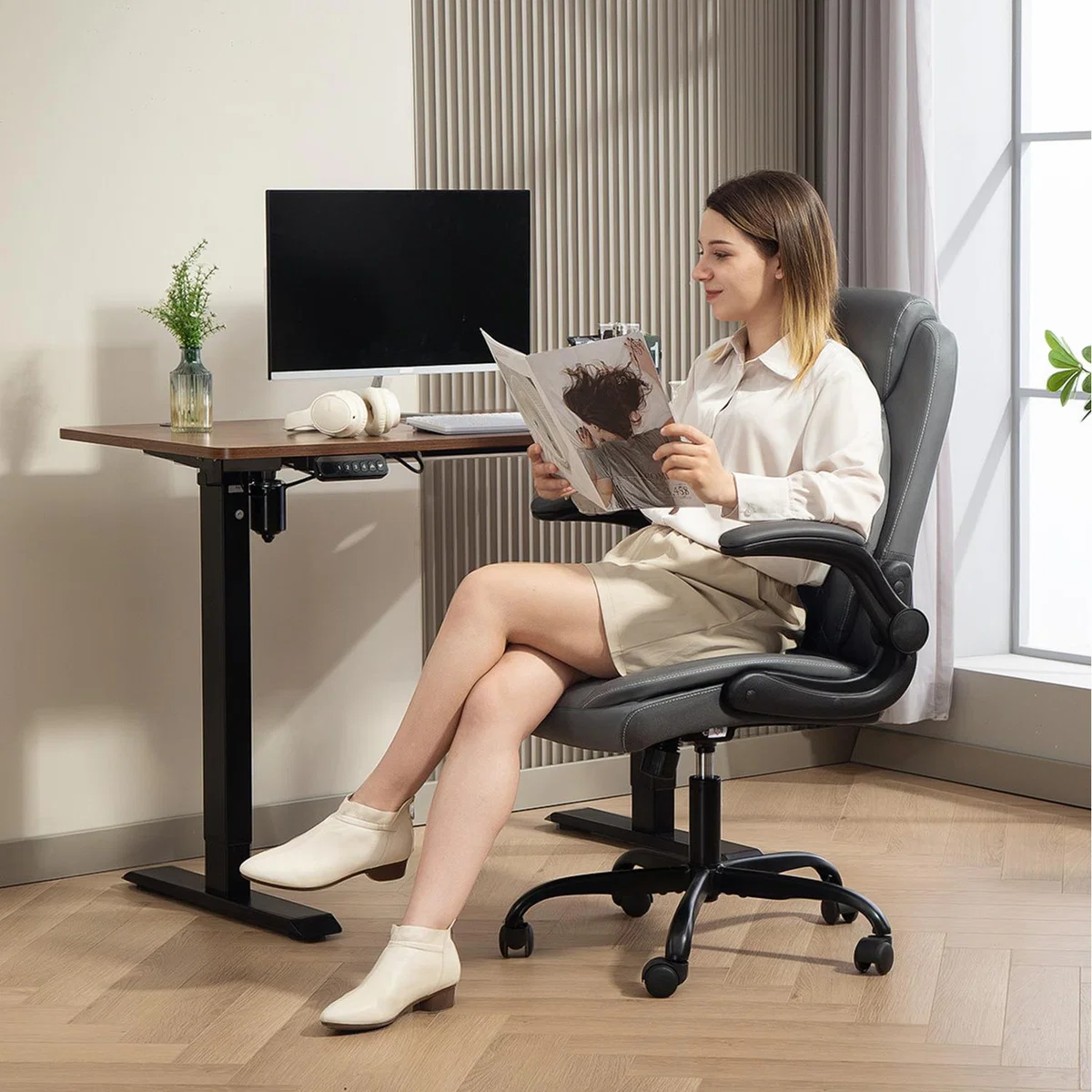 HOMCOM Executive Office Chair with Flip-Up Armrests, PU Leather Computer Desk Ch - Charcoal Grey