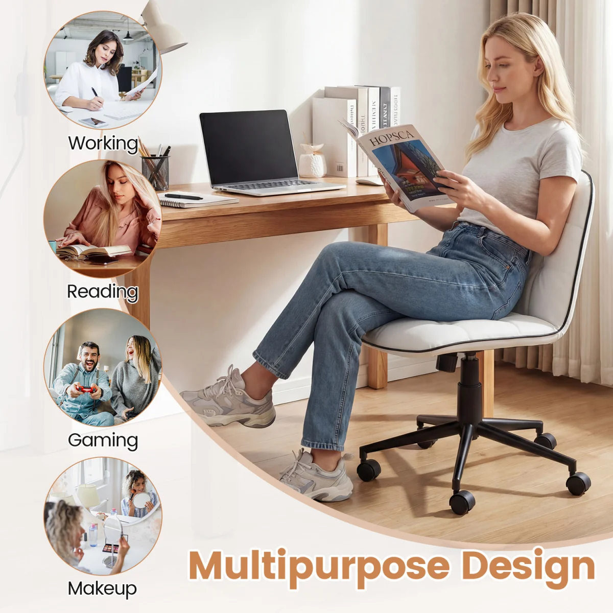 Armless Home Office Desk Chair - White – image 2