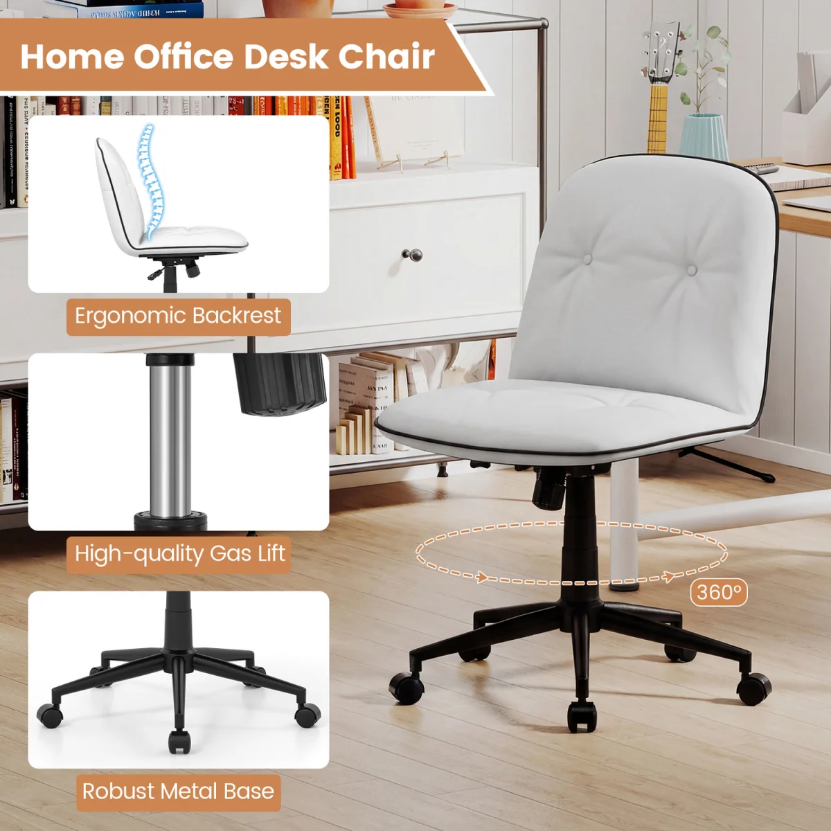 Armless Home Office Desk Chair - White – image 5