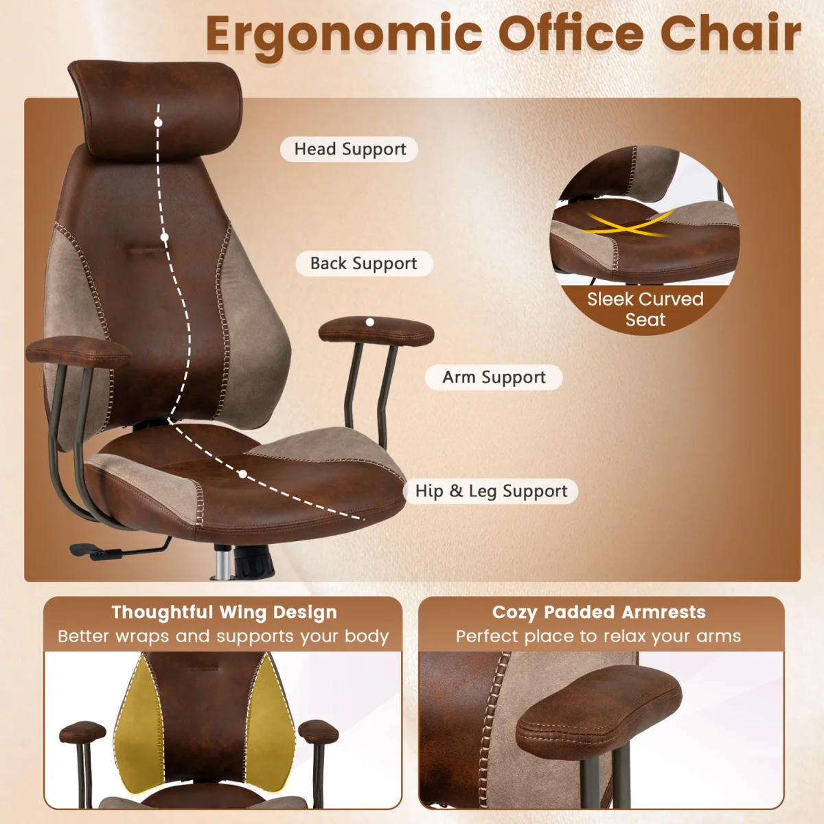 Suede Fabric Computer Desk Chair - Brown – image 9