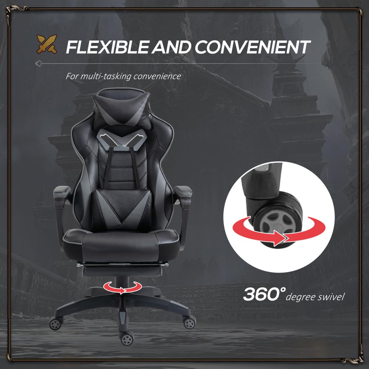 Gaming Chair Ergonomic Reclining Chair with Footrest Arm Wheels - Grey, Black – image 3