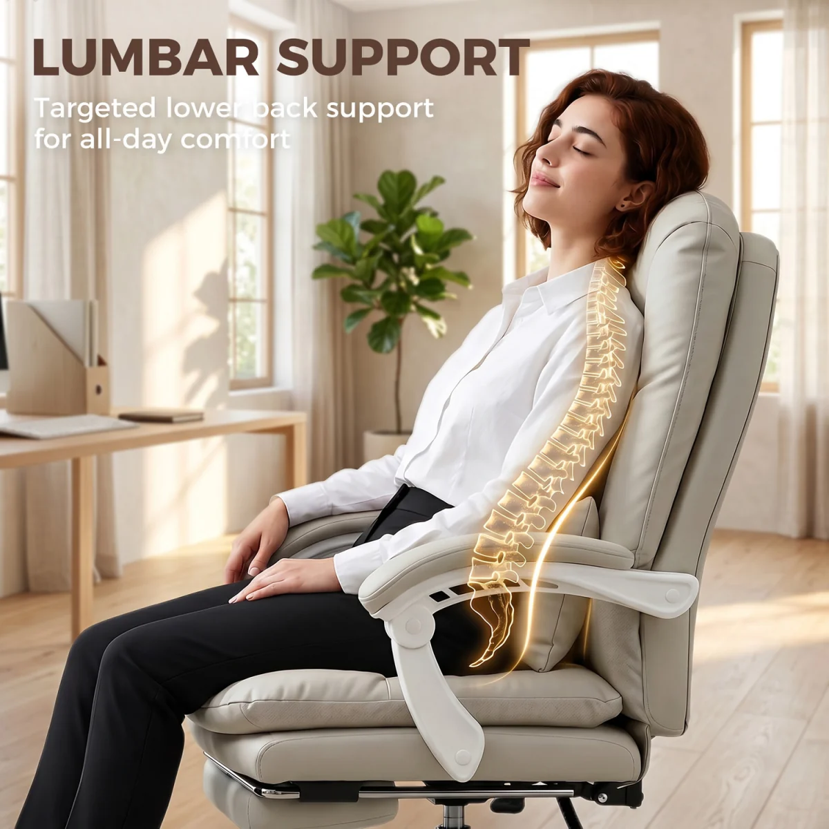 HOMCOM Reclining Office Chair Desk Chair with Lumbar Support - Khaki – image 4
