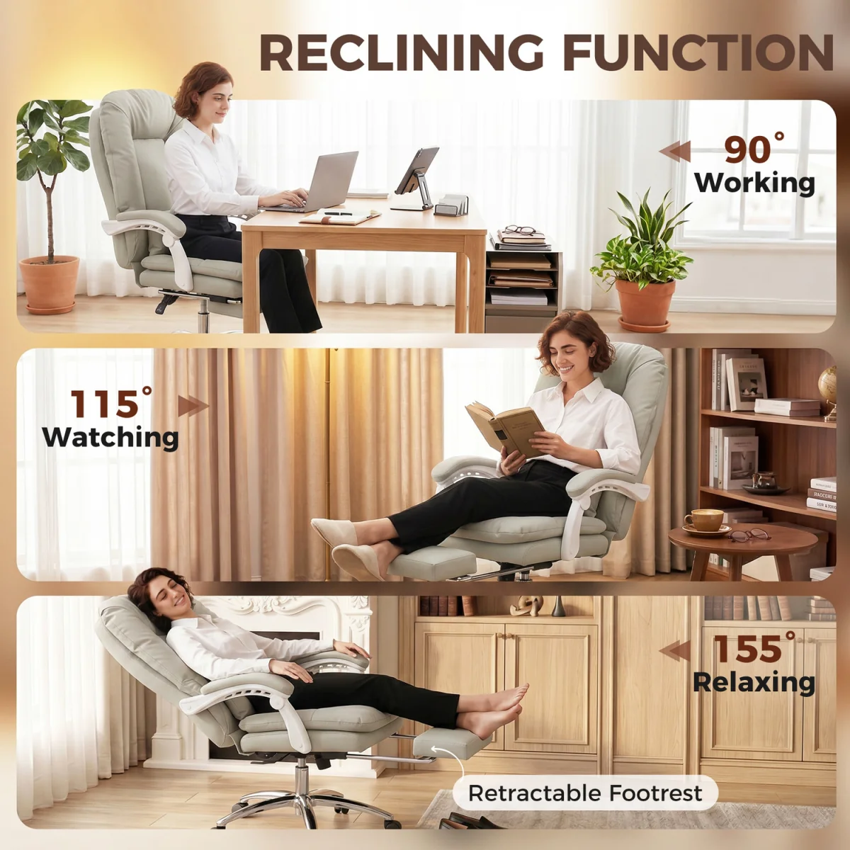 HOMCOM Reclining Office Chair Desk Chair with Lumbar Support - Khaki – image 5
