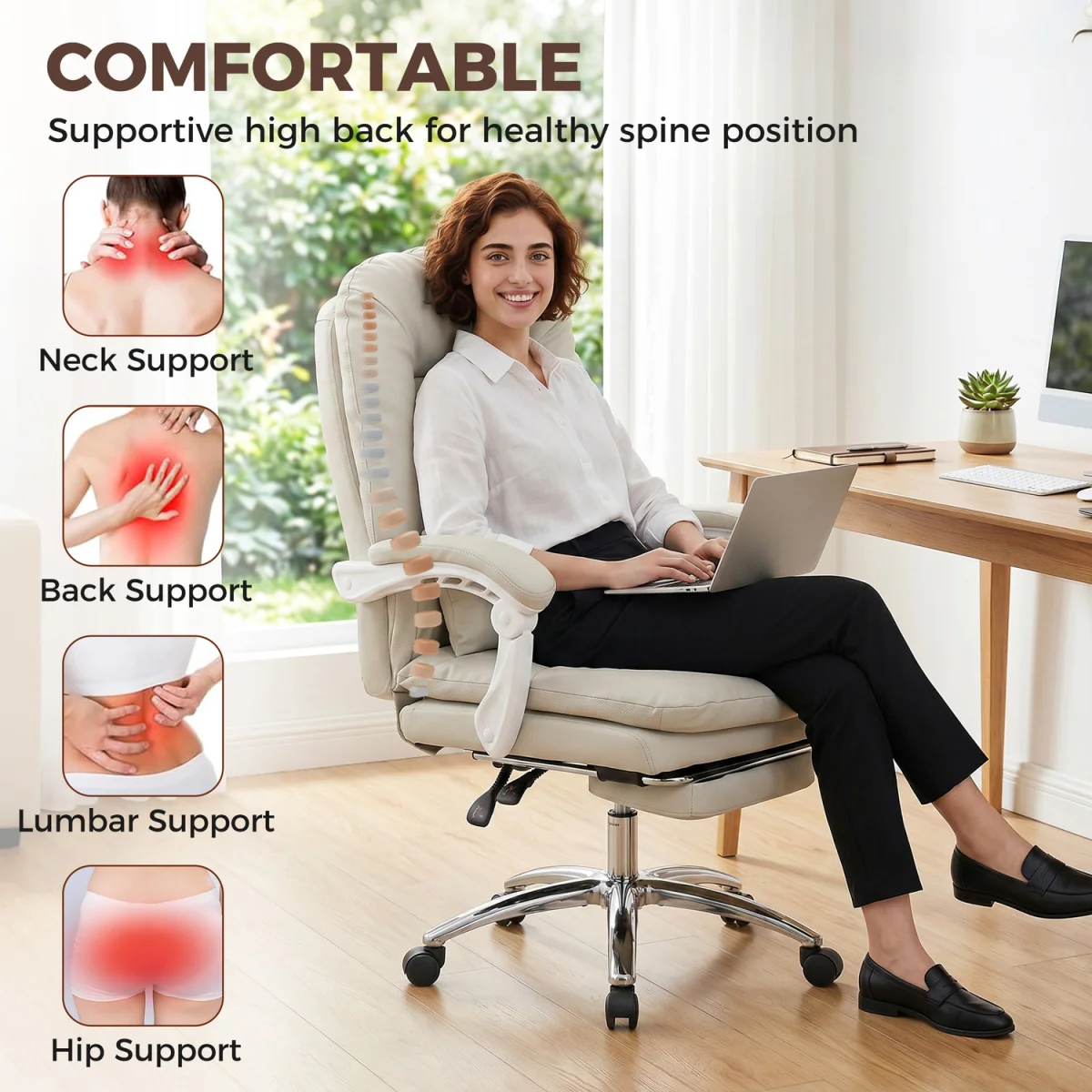 HOMCOM Reclining Office Chair Desk Chair with Lumbar Support - Khaki – image 7