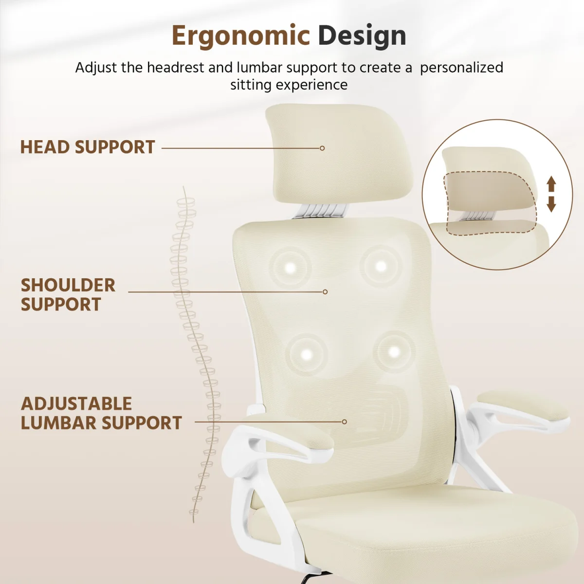 Ergonomic High Back Office Chair - Beige - Beige – image 3
