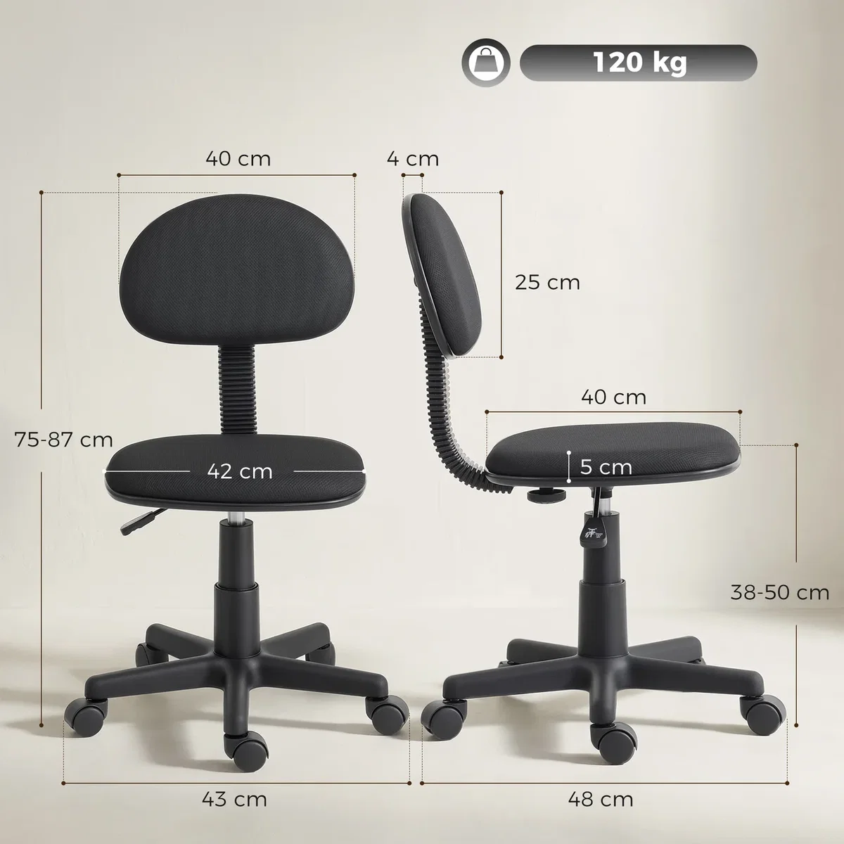 HOMCOM Small Desk Chair Armless Office Chair with Adjustable Height - Black – image 8