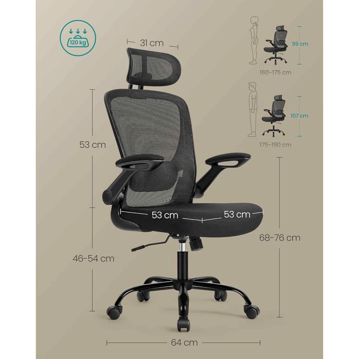 Ergonomic Mesh Office Chair Headrest Lumbar, Black - Ink Black – image 3
