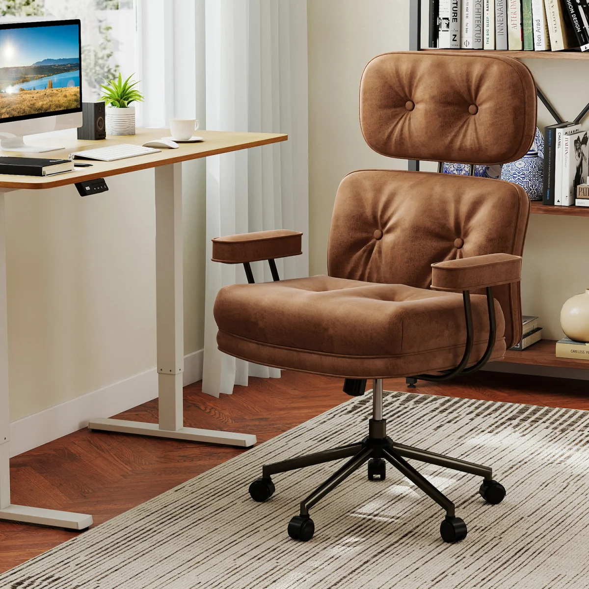 Mid Century Suede Fabric Computer Desk Chair - Brown – image 2