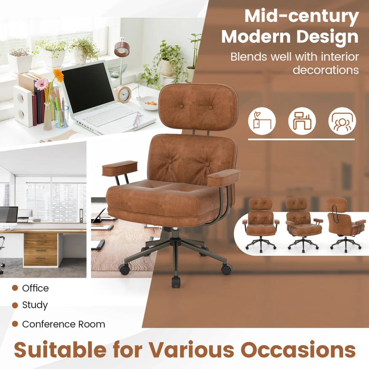 Mid Century Suede Fabric Computer Desk Chair - Brown – image 5