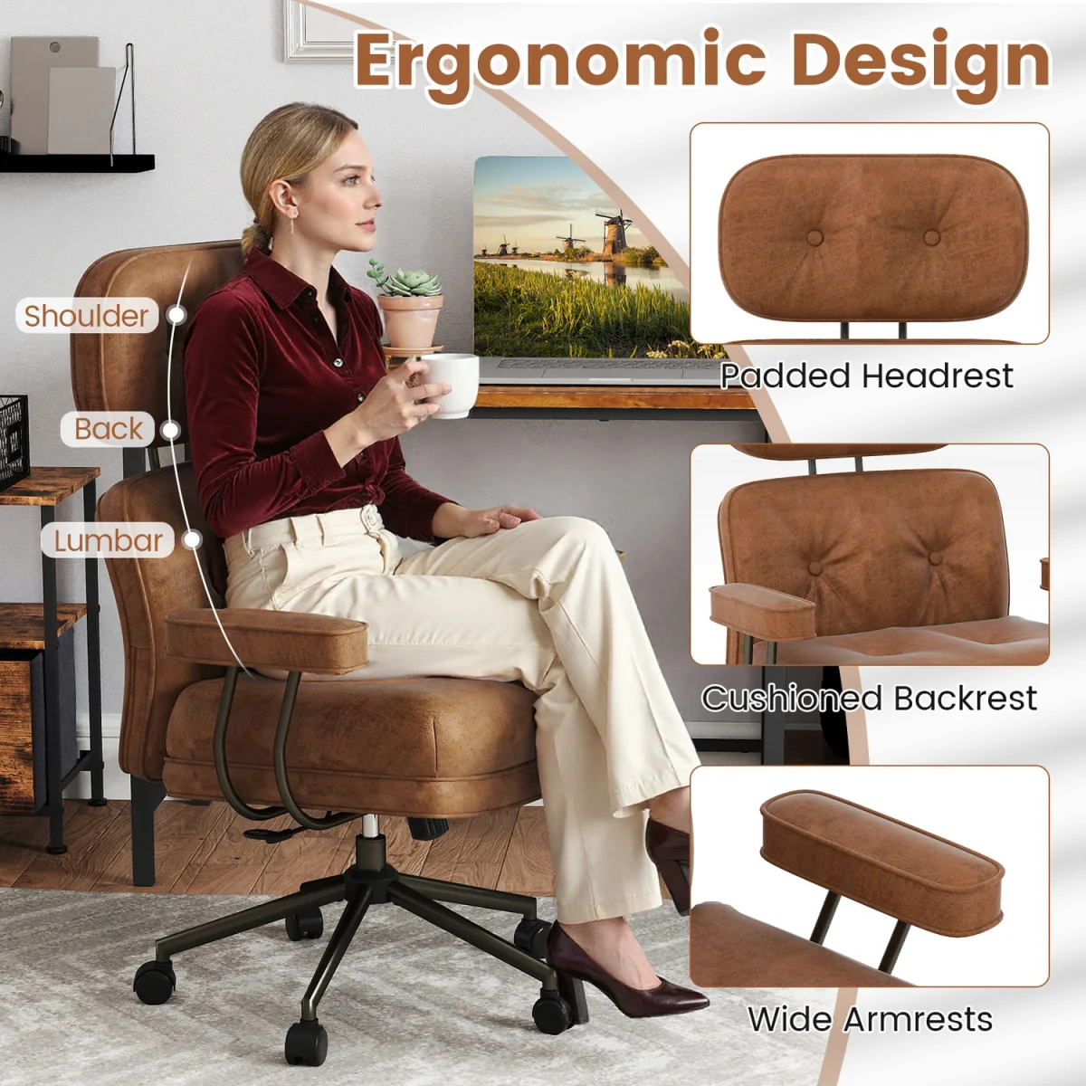 Mid Century Suede Fabric Computer Desk Chair - Brown – image 6