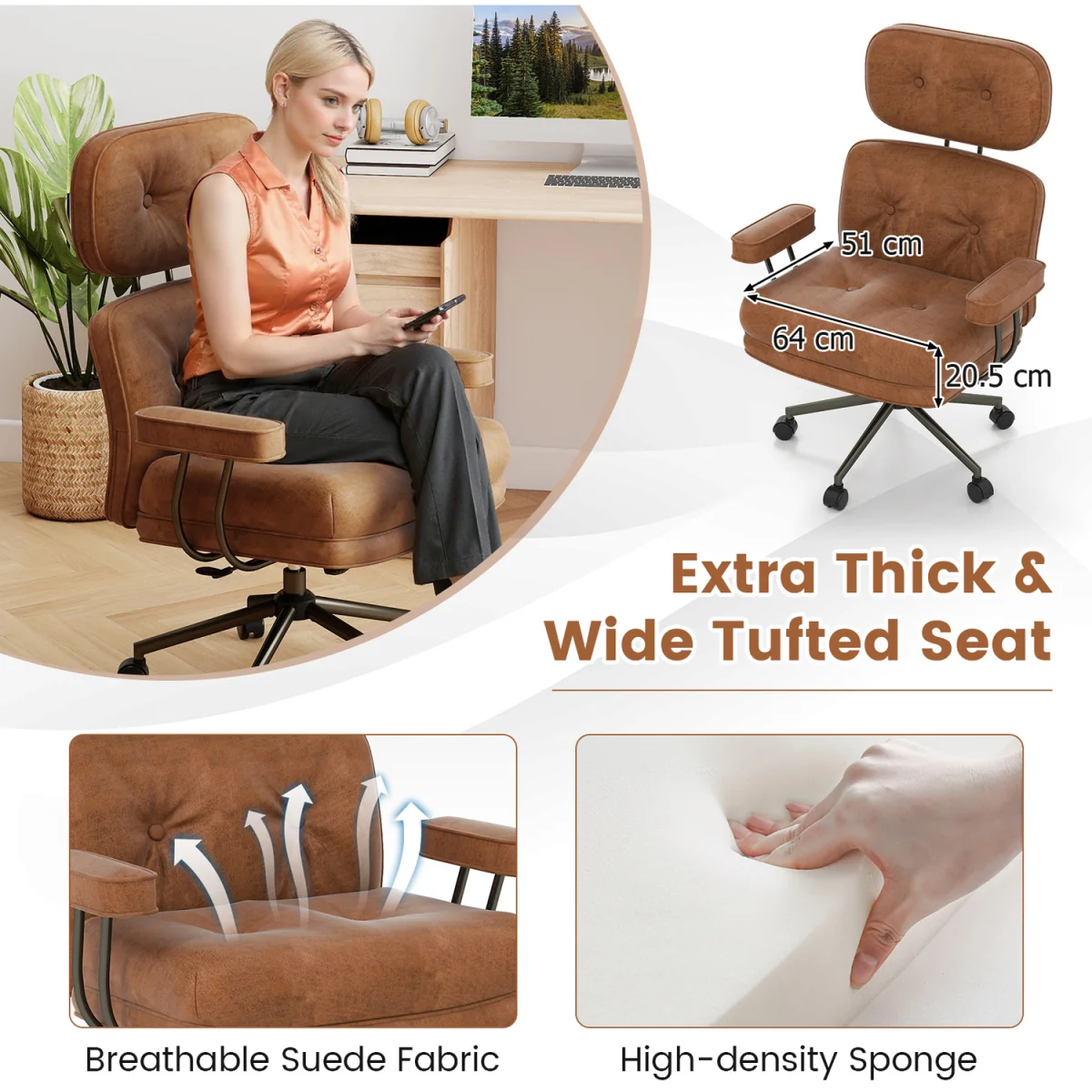 Mid Century Suede Fabric Computer Desk Chair - Brown – image 8