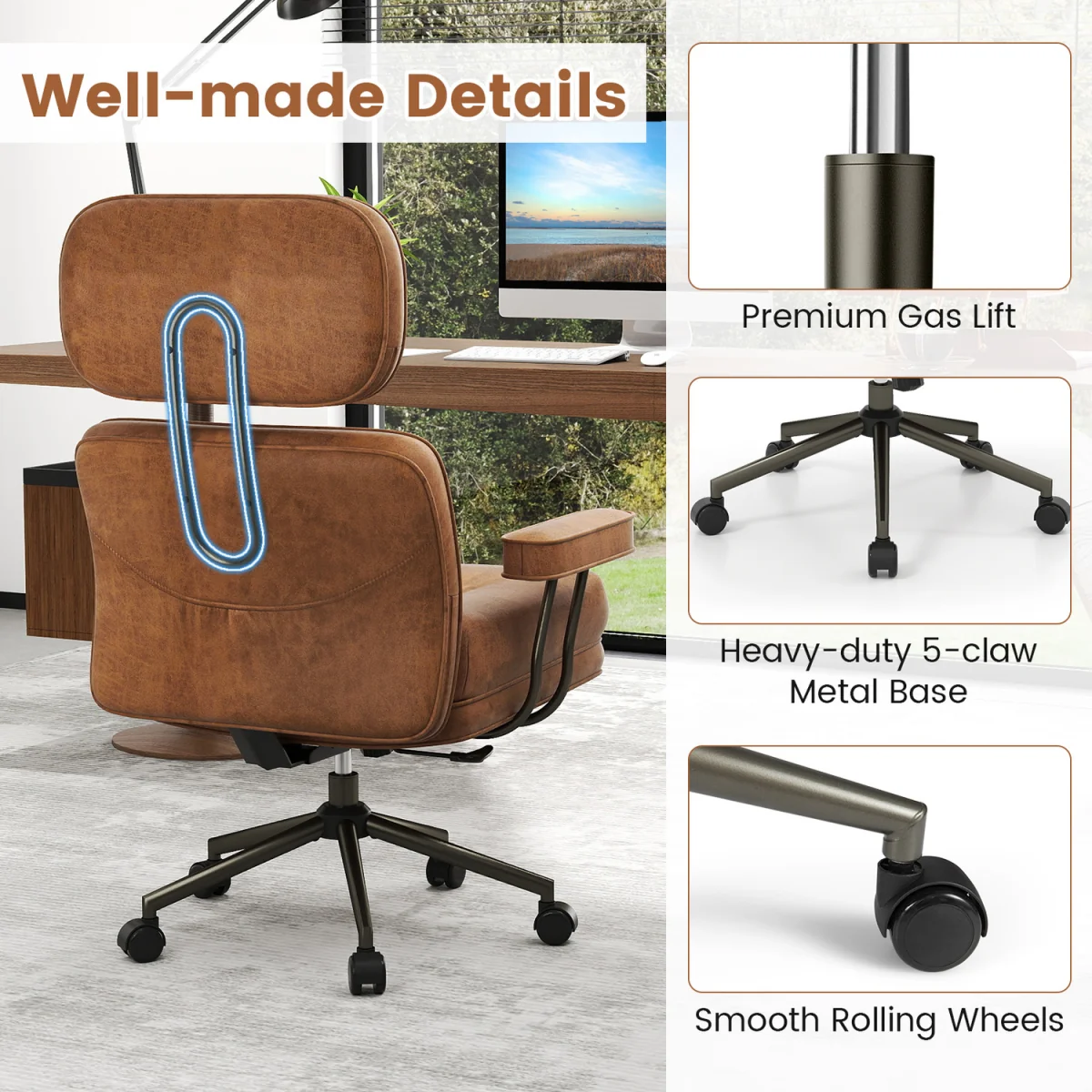 Mid Century Suede Fabric Computer Desk Chair - Brown – image 9
