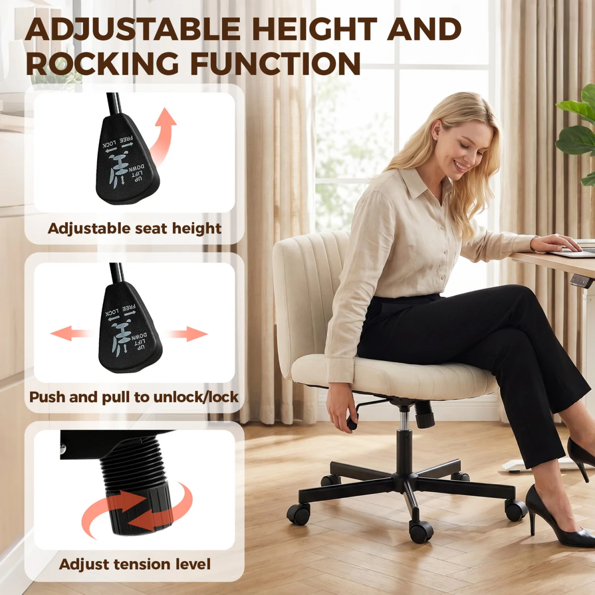HOMCOM Armless Office Chair No Wheels with Wide Seat - Cream / 12.5kg – image 4