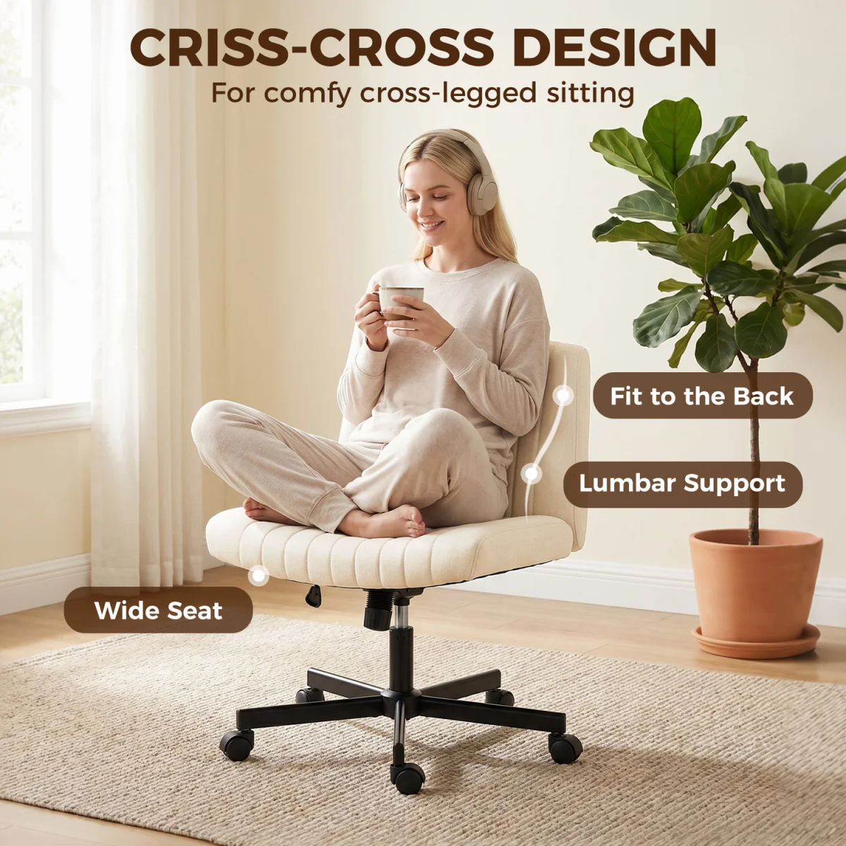 HOMCOM Armless Office Chair No Wheels with Wide Seat - Cream / 12.5kg – image 5