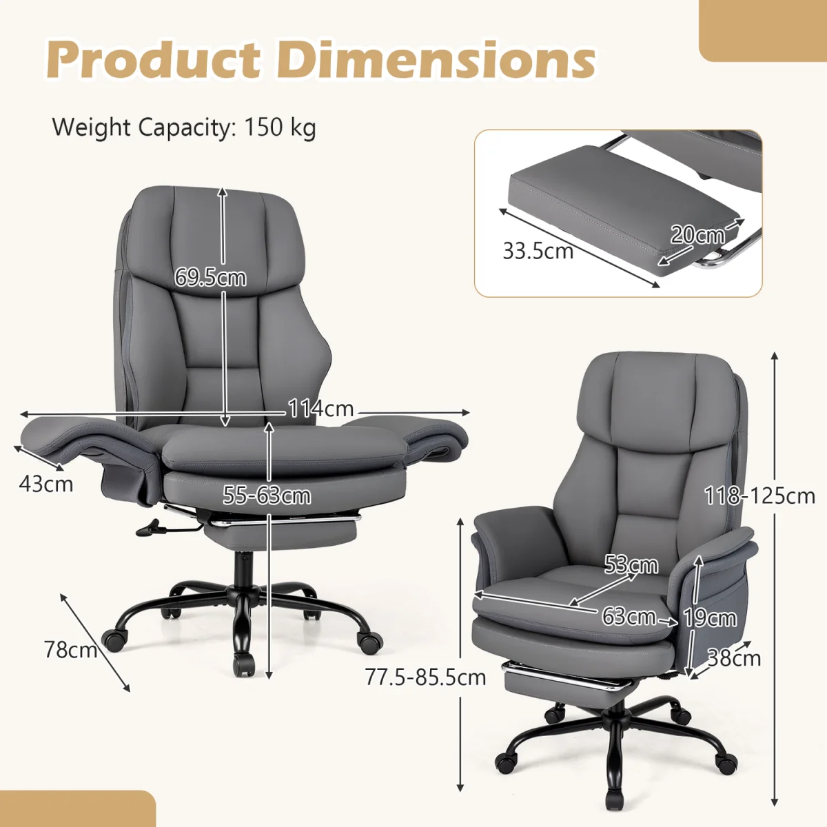 Tall Executive Ergonomic Cross Legged Office Chair-Grey - Grey – image 2