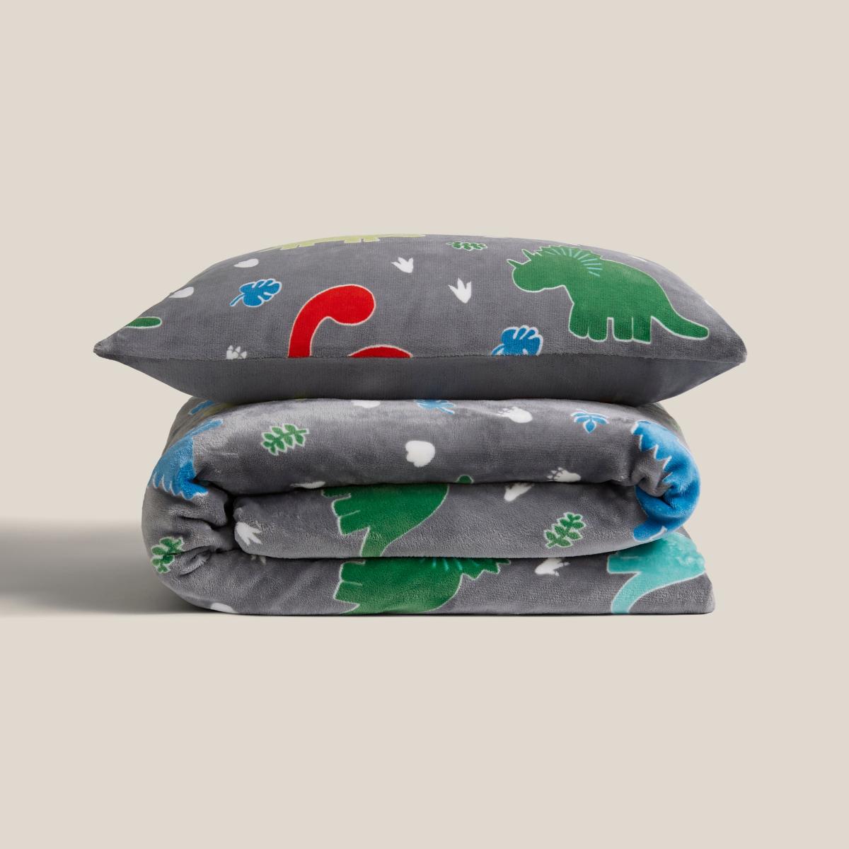 Dinosaur Fleece Duvet Cover and Pillowcase Set Grey – image 3