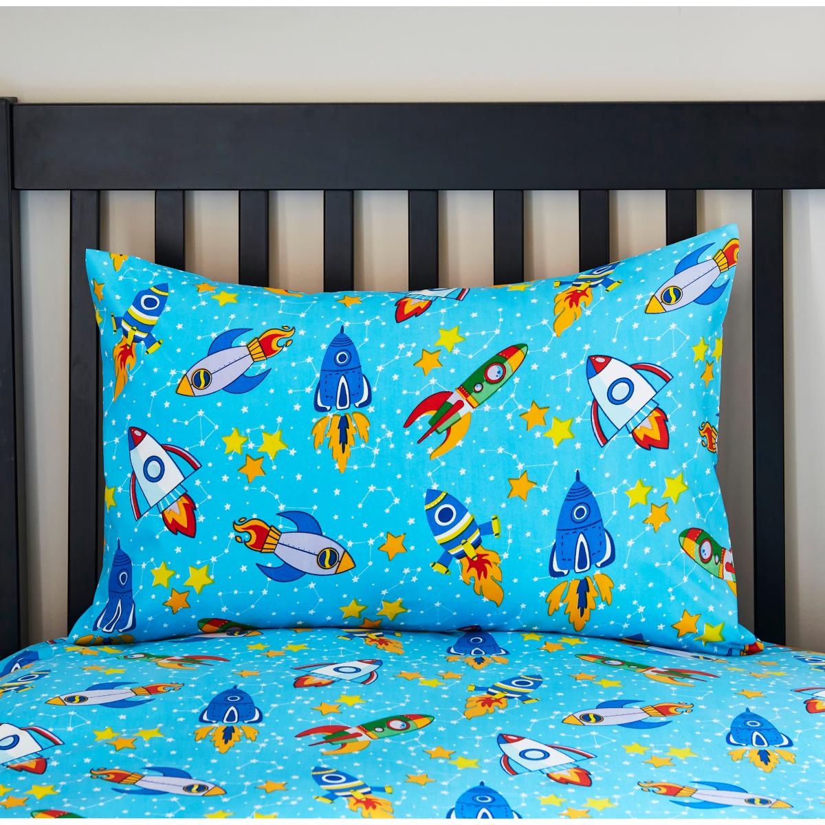 Space Rocket Single Duvet Cover and Pillowcase Set Blue – image 2