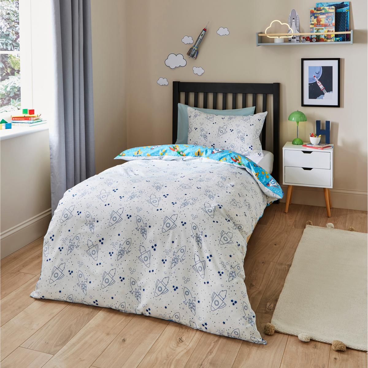 Space Rocket Single Duvet Cover and Pillowcase Set Blue – image 3