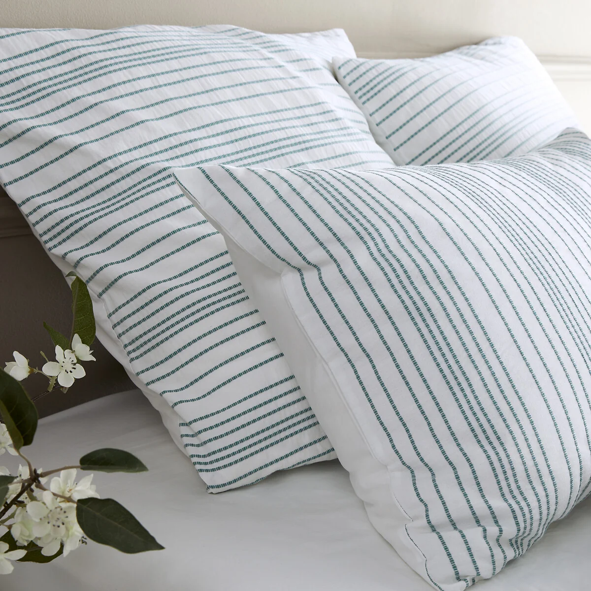 Roma Striped Embroidered 100% Washed Cotton Percale Duvet Cover – image 3