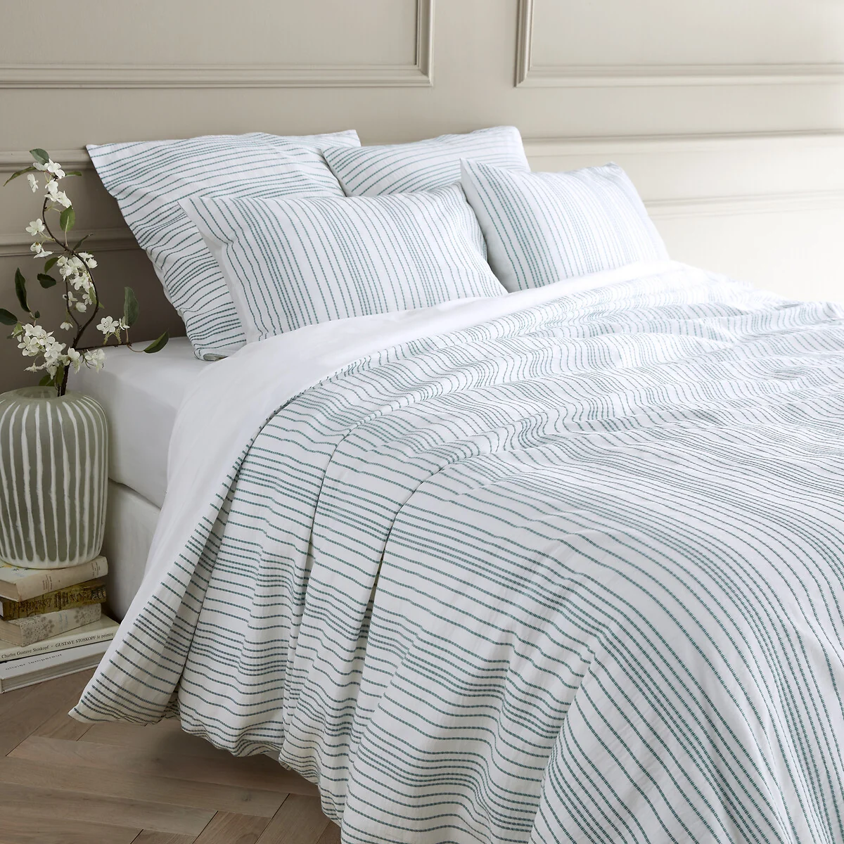 Roma Striped Embroidered 100% Washed Cotton Percale Duvet Cover – image 1