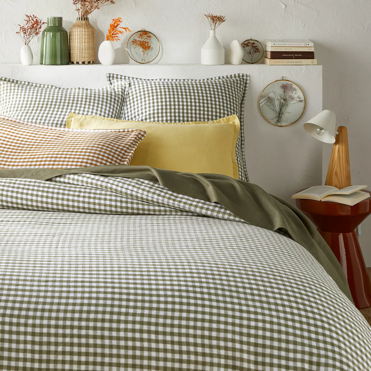Acélie Khaki Gingham 100% Washed Linen Duvet Cover – image 1