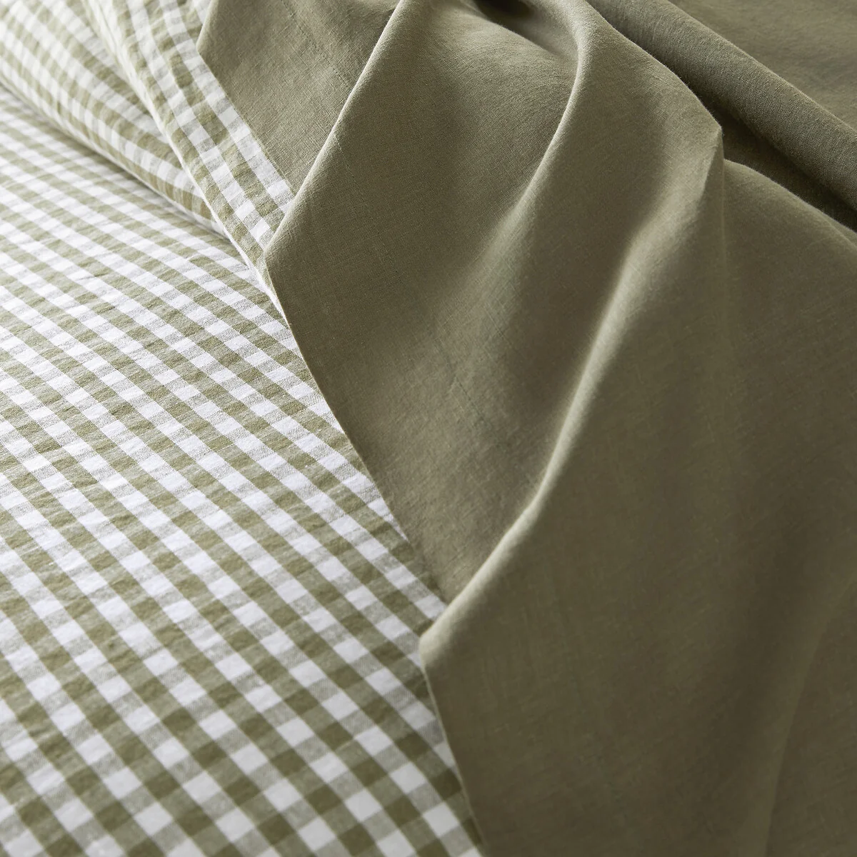 Acélie Khaki Gingham 100% Washed Linen Duvet Cover – image 3