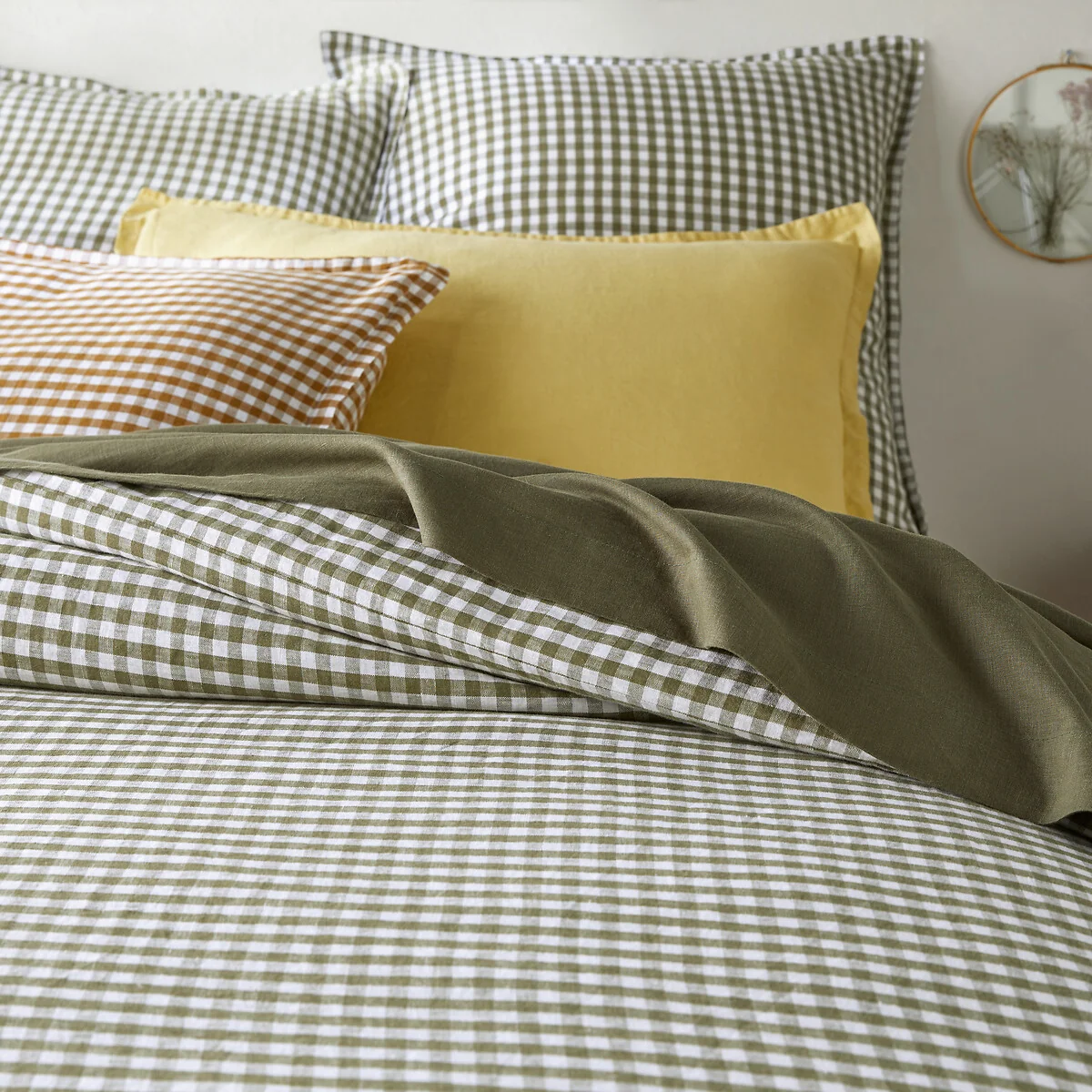Acélie Khaki Gingham 100% Washed Linen Duvet Cover – image 2