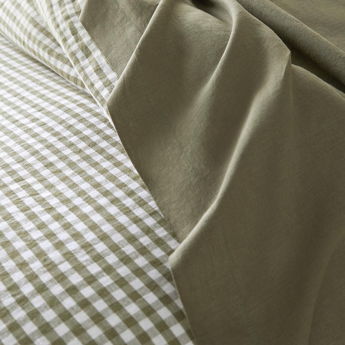 Acélie Khaki Gingham 100% Washed Linen Duvet Cover – image 3