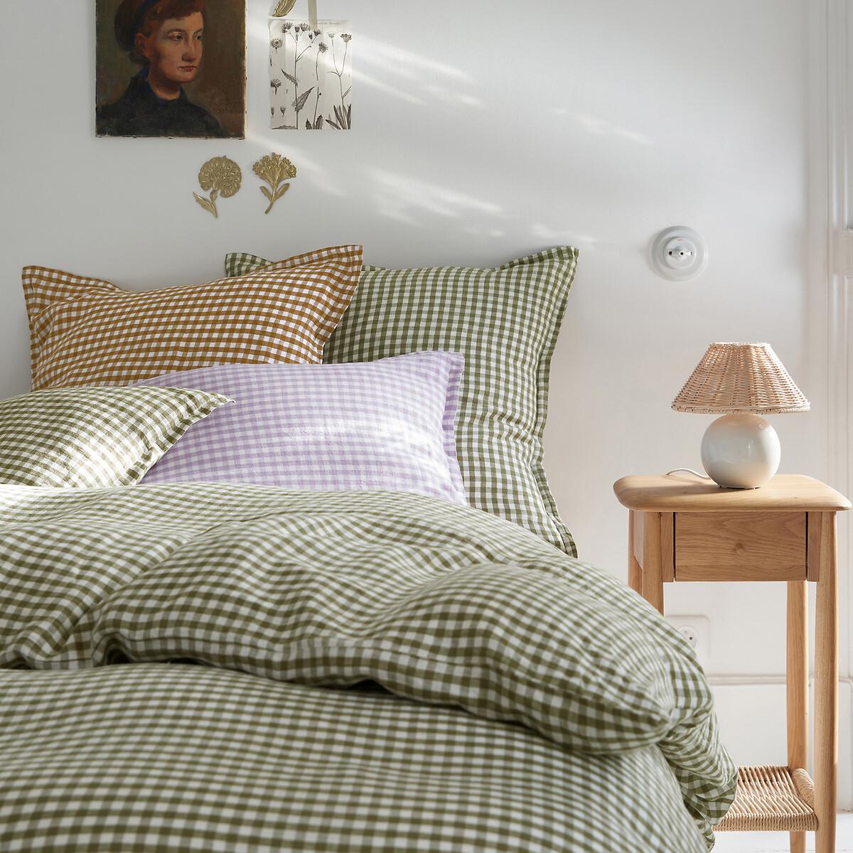 Acélie Khaki Gingham 100% Washed Linen Duvet Cover – image 5