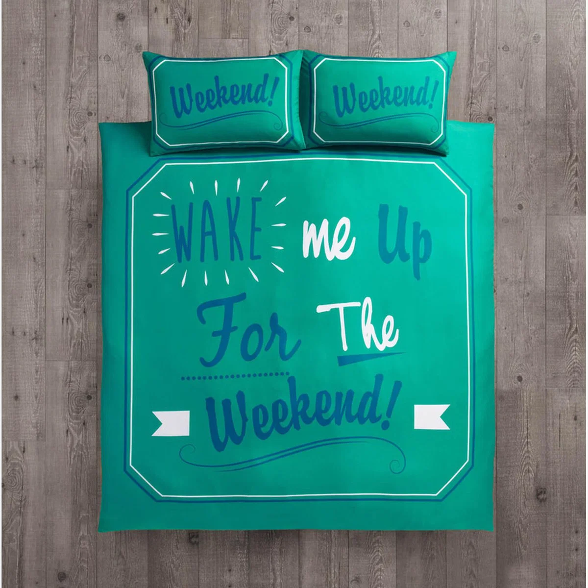 Wake Me Up Printed Duvet Cover Pillowcase Set - Green / Double