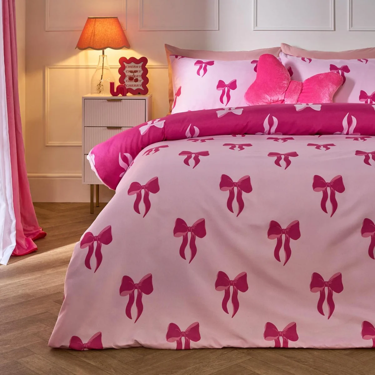 OHS Bow Print Reversible Duvet Cover Set - Pink/Hot Pink / Single / 1kg – image 2