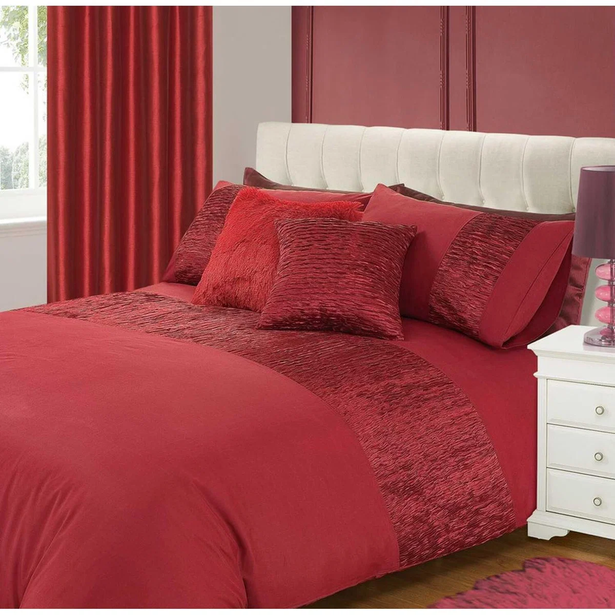 Satin Pleated Soft Touch Microfibre Plain Duvet Cover Pillowcase Set - Burgundy / Double