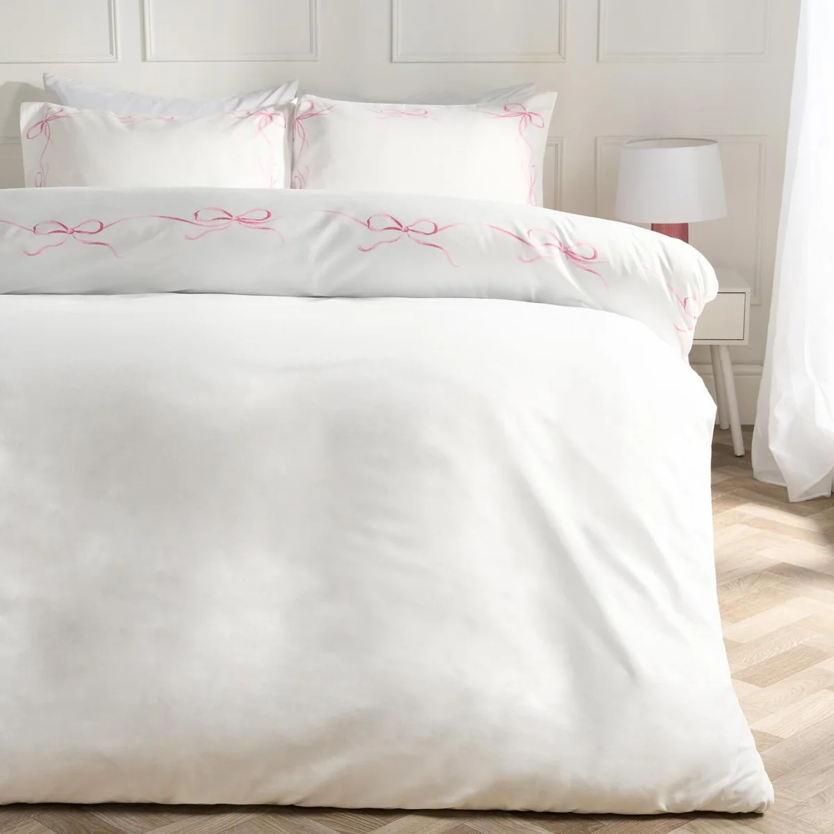 OHS Bow Border Duvet Cover Set - White/Pink / 0.8kg – image 2