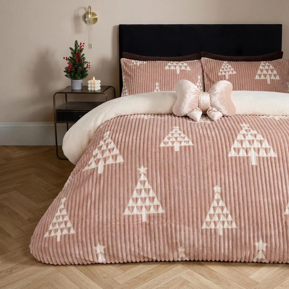 OHS Winter Tree Print Ribbed Fleece Duvet Cover Set - Natural / Double – image 1
