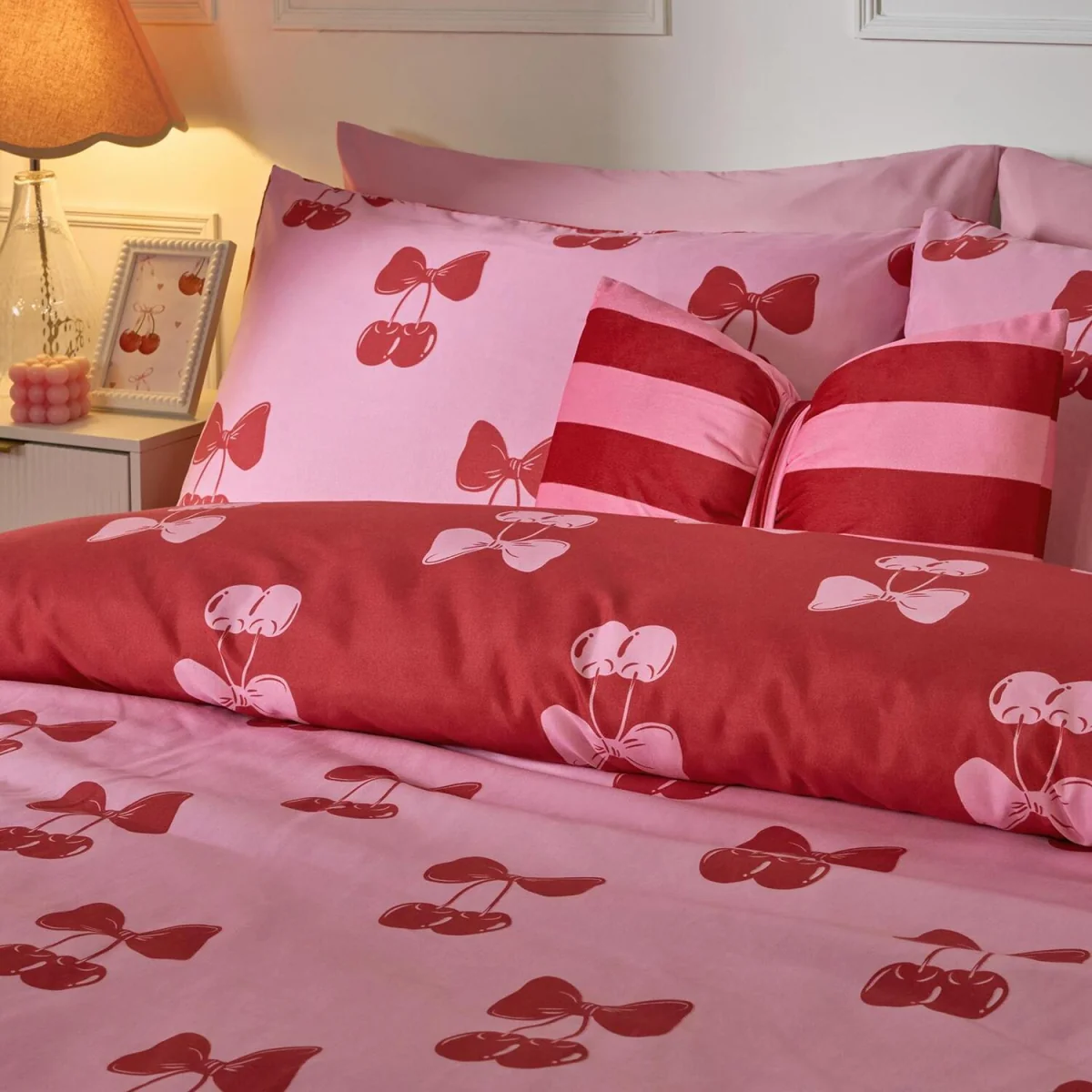 OHS Cherry Bow Print Reversible Duvet Cover Set - Pink/Red / 0.99kg – image 5