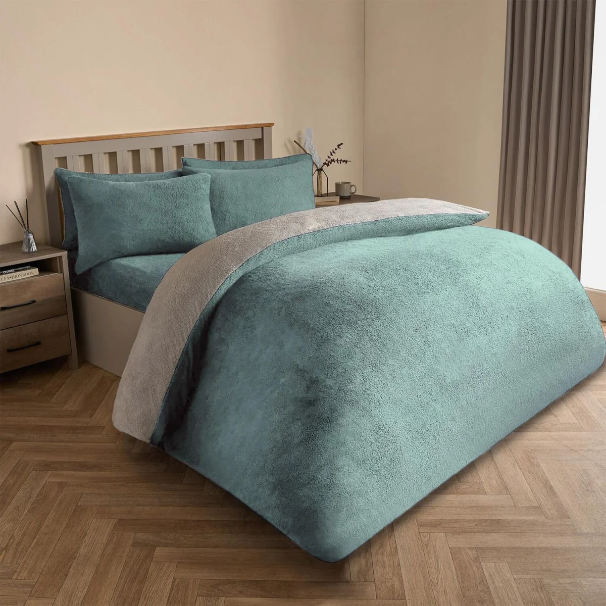 OHS Teddy Fleece Reversible Duvet Cover Set - Duck Egg/Grey / 32cm / 1.67kg – image 2