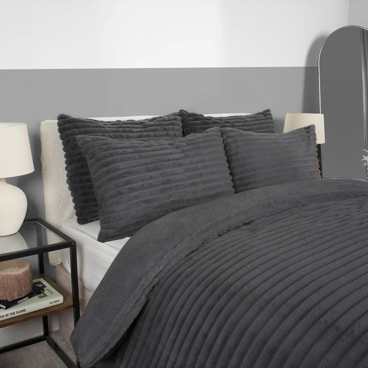 OHS Ribbed Faux Fur Duvet Cover Set - Charcoal / 2kg / Double – image 2