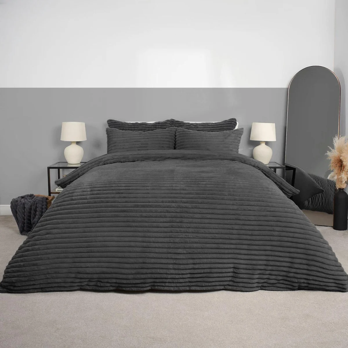 OHS Ribbed Faux Fur Duvet Cover Set - Charcoal / 2kg / Double – image 1